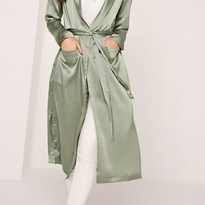 Misguided Sage Green Silk/Satin Duster Trench Coat